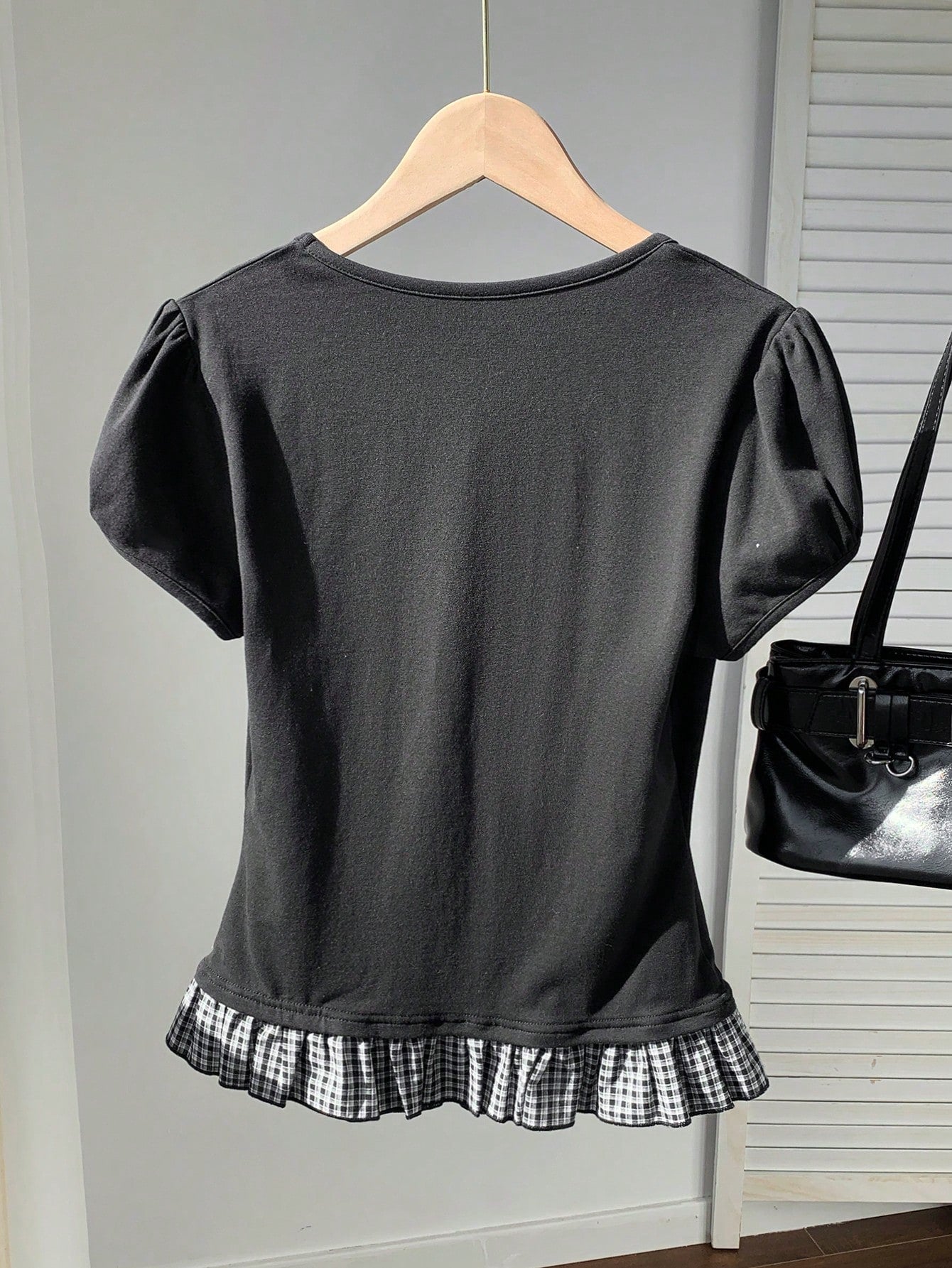 Comfortcana Women's Black And White Checkered Cute Summer Tops, Plaid Patchwork Short Sleeve Everyday Vintage Blouses, Elegant Vacation Casual Y2K Style Brunch