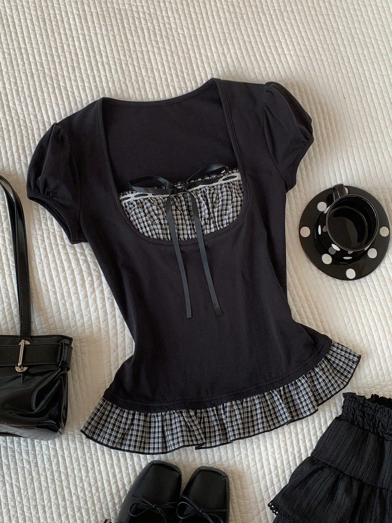 Comfortcana Women's Black And White Checkered Cute Summer Tops, Plaid Patchwork Short Sleeve Everyday Vintage Blouses, Elegant Vacation Casual Y2K Style Brunch