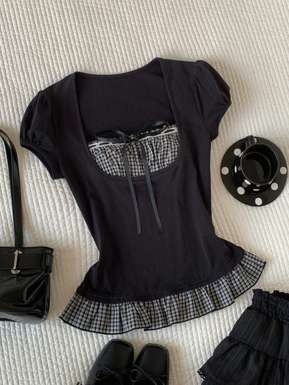 Comfortcana Women's Black And White Checkered Cute Summer Tops, Plaid Patchwork Short Sleeve Everyday Vintage Blouses, Elegant Vacation Casual Y2K Style Brunch