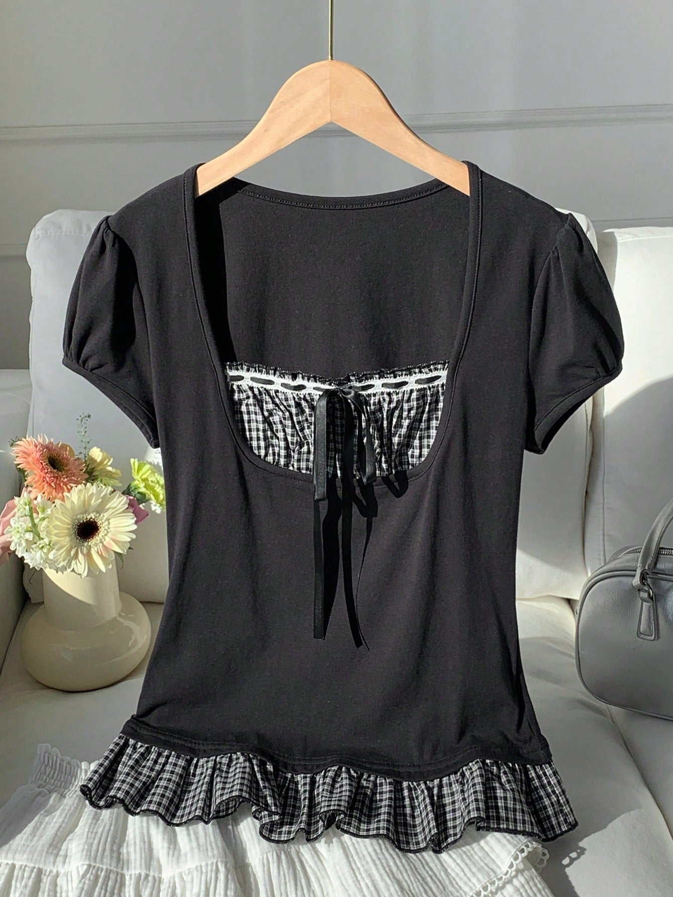 Comfortcana Women's Black And White Checkered Cute Summer Tops, Plaid Patchwork Short Sleeve Everyday Vintage Blouses, Elegant Vacation Casual Y2K Style Brunch