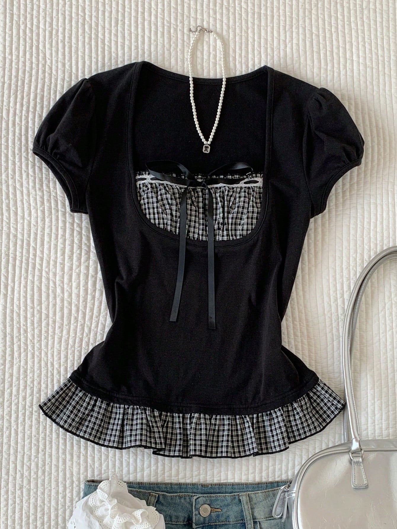 Comfortcana Women's Black And White Checkered Cute Summer Tops, Plaid Patchwork Short Sleeve Everyday Vintage Blouses, Elegant Vacation Casual Y2K Style Brunch