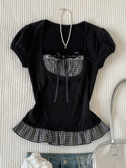 Comfortcana Women's Black And White Checkered Cute Summer Tops, Plaid Patchwork Short Sleeve Everyday Vintage Blouses, Elegant Vacation Casual Y2K Style Brunch