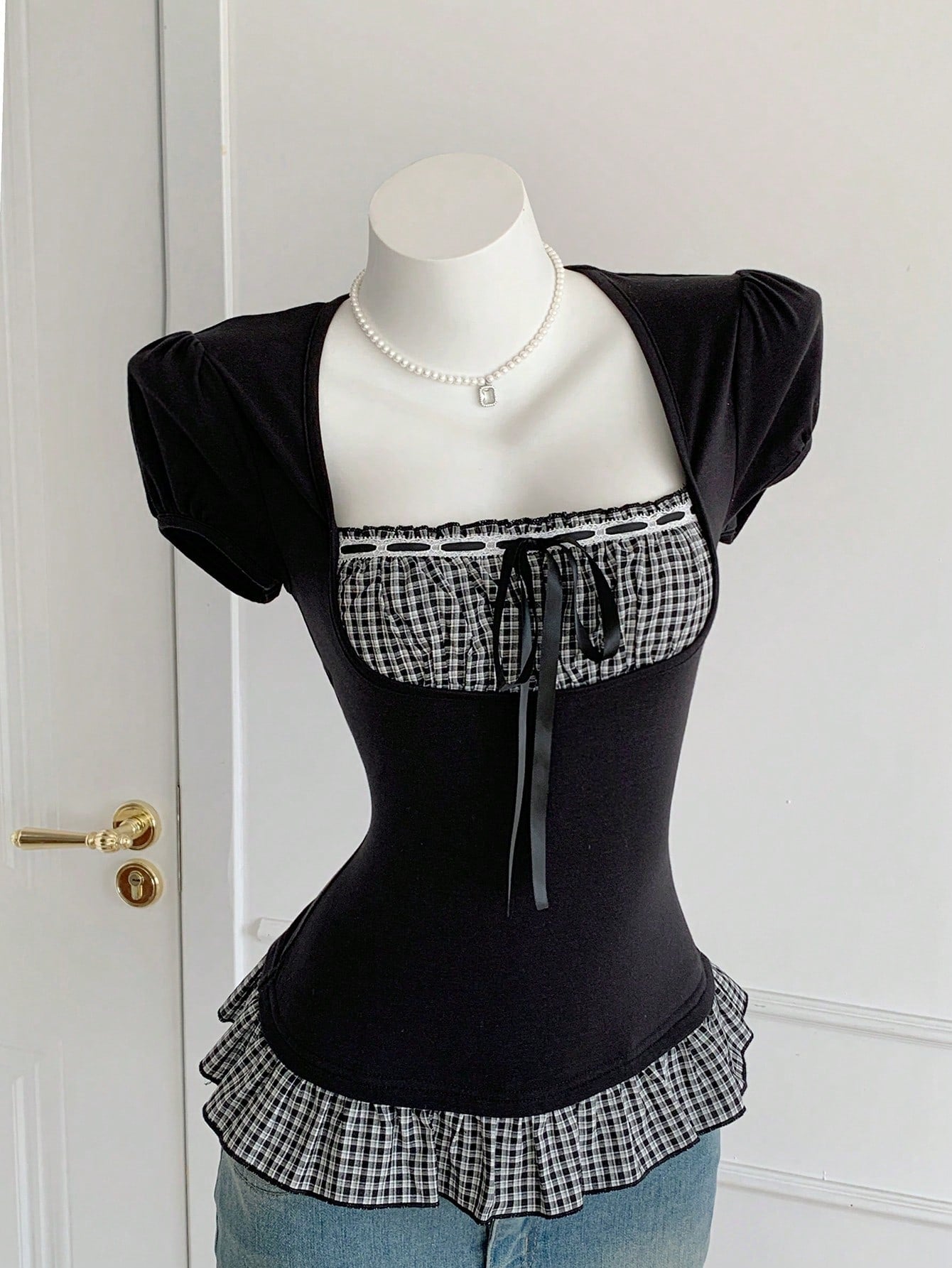 Comfortcana Women's Black And White Checkered Cute Summer Tops, Plaid Patchwork Short Sleeve Everyday Vintage Blouses, Elegant Vacation Casual Y2K Style Brunch