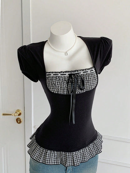 Comfortcana Women's Black And White Checkered Cute Summer Tops, Plaid Patchwork Short Sleeve Everyday Vintage Blouses, Elegant Vacation Casual Y2K Style Brunch