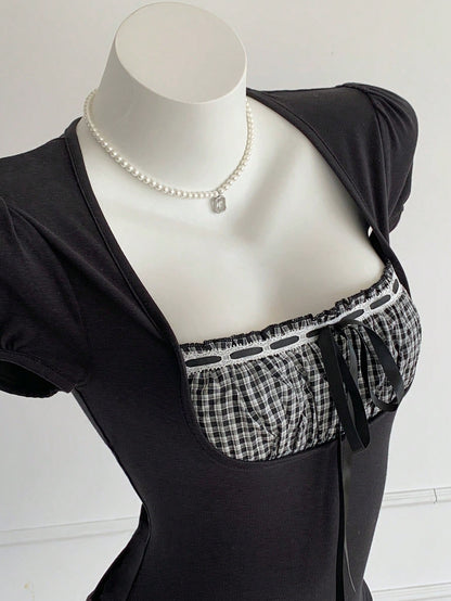 Comfortcana Women's Black And White Checkered Cute Summer Tops, Plaid Patchwork Short Sleeve Everyday Vintage Blouses, Elegant Vacation Casual Y2K Style Brunch