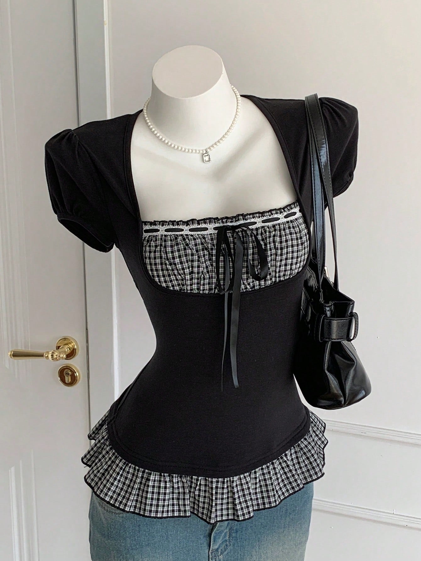 Comfortcana Women's Black And White Checkered Cute Summer Tops, Plaid Patchwork Short Sleeve Everyday Vintage Blouses, Elegant Vacation Casual Y2K Style Brunch
