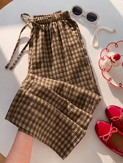 Comfortcana Women's Casual Plaid Drawstring Waist Pants, Summer Checkered Trousers For Picnic, Daily Wear, Country Style, Spring/Summer, Carnival Costume