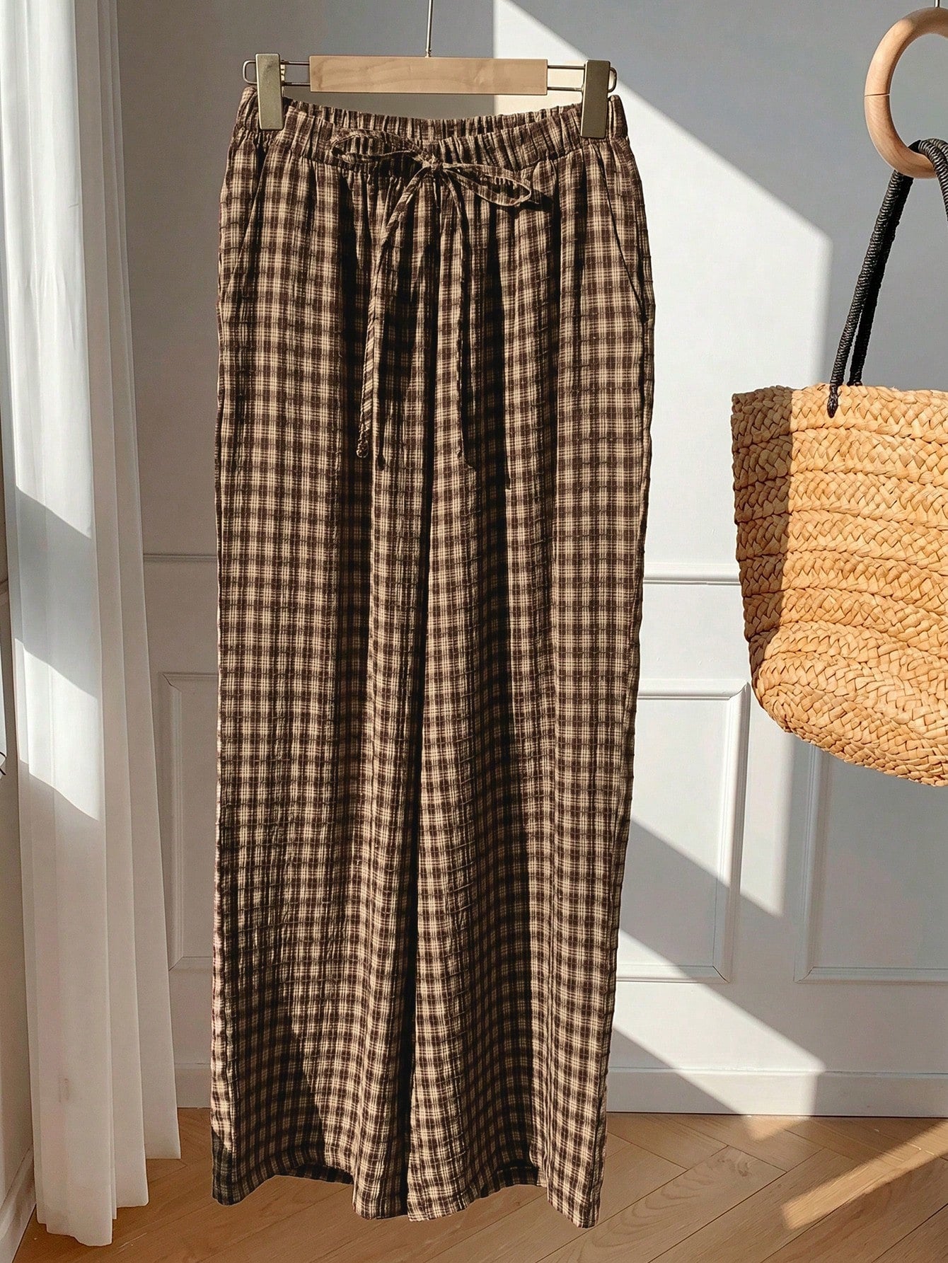 Comfortcana Women's Casual Plaid Drawstring Waist Pants, Summer Checkered Trousers For Picnic, Daily Wear, Country Style, Spring/Summer, Carnival Costume