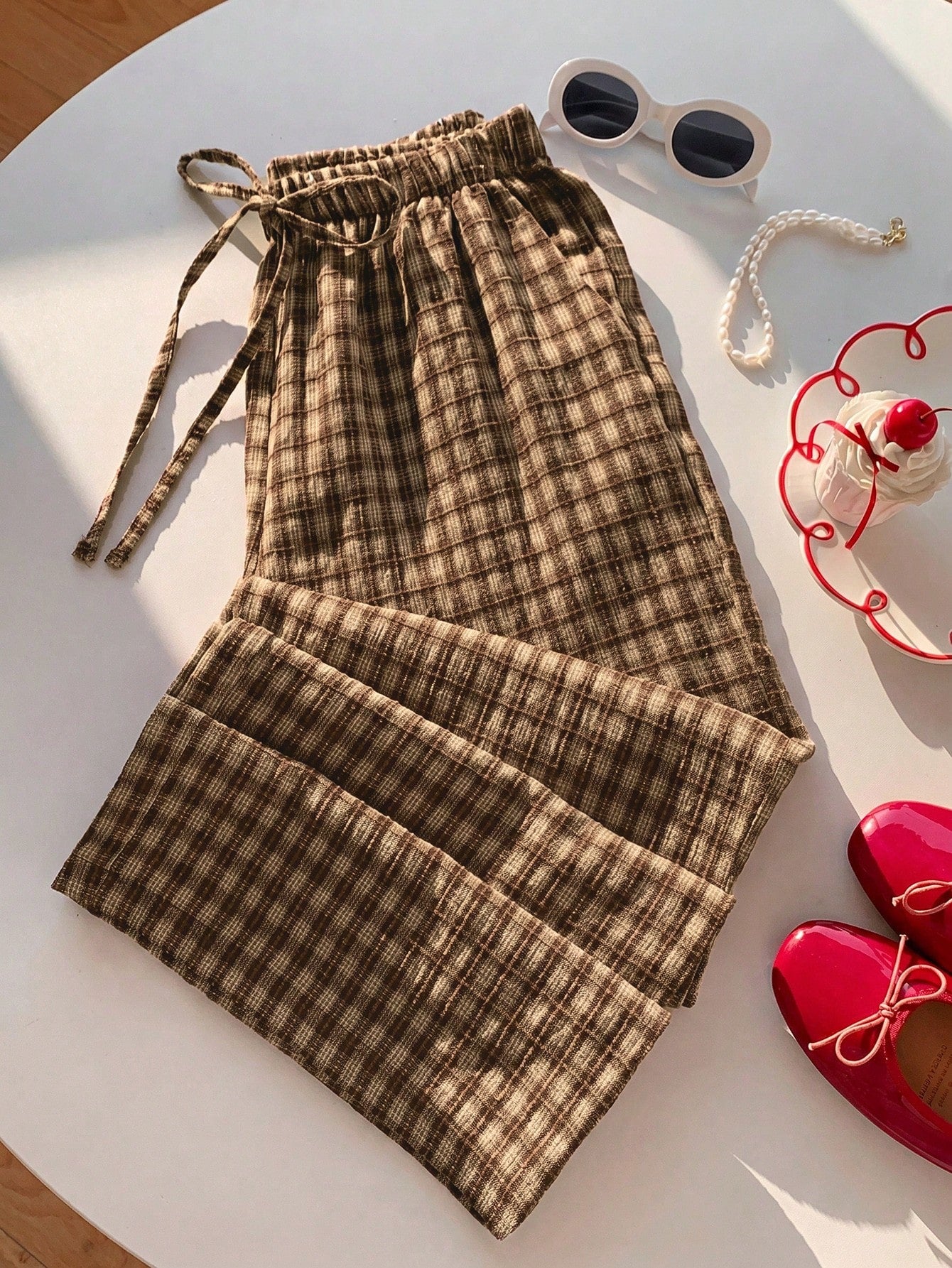 Comfortcana Women's Casual Plaid Drawstring Waist Pants, Summer Checkered Trousers For Picnic, Daily Wear, Country Style, Spring/Summer, Carnival Costume