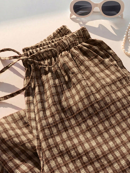 Comfortcana Women's Casual Plaid Drawstring Waist Pants, Summer Checkered Trousers For Picnic, Daily Wear, Country Style, Spring/Summer, Carnival Costume