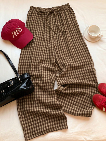 Comfortcana Women's Casual Plaid Drawstring Waist Pants, Summer Checkered Trousers For Picnic, Daily Wear, Country Style, Spring/Summer, Carnival Costume