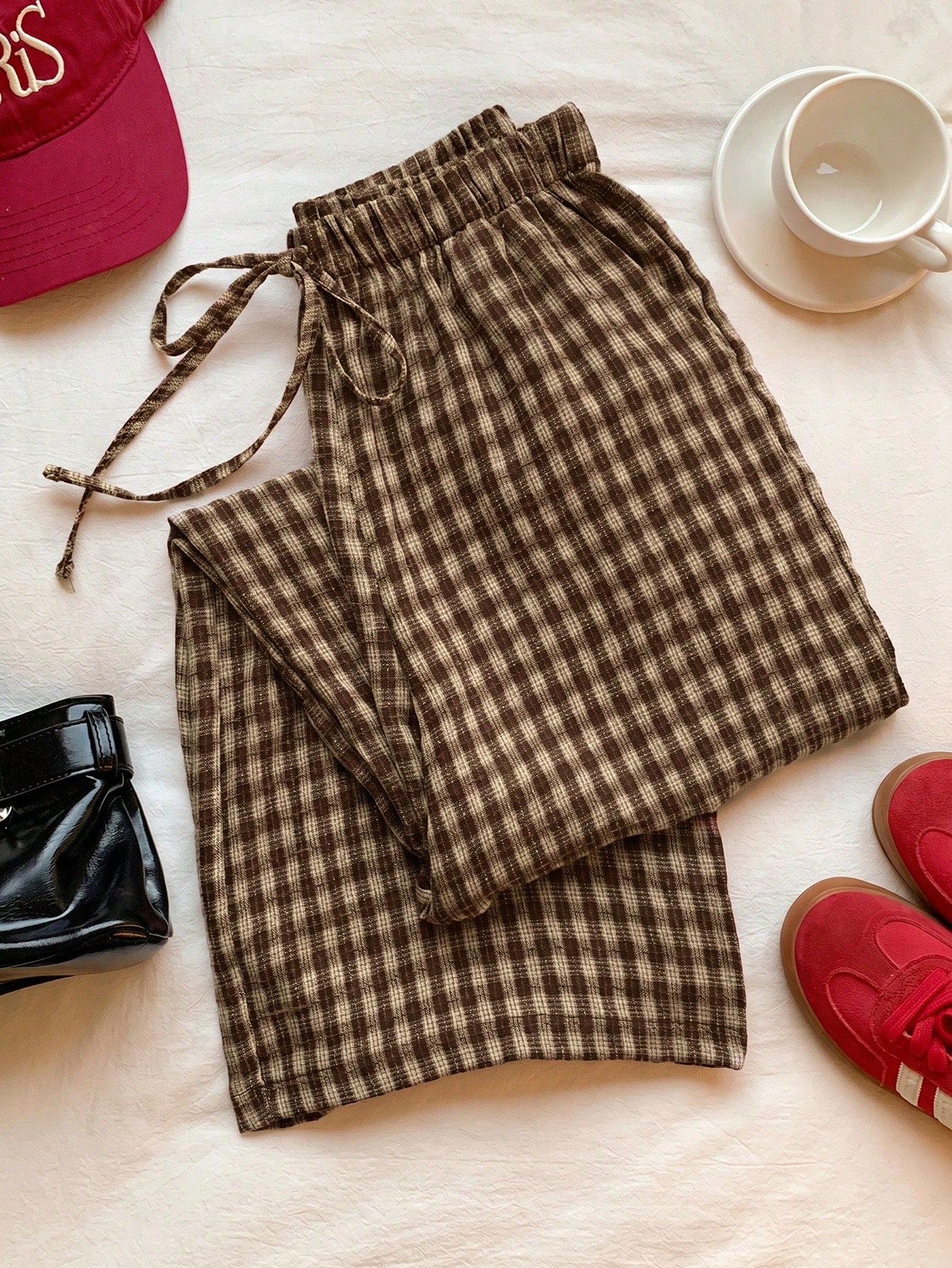 Comfortcana Women's Casual Plaid Drawstring Waist Pants, Summer Checkered Trousers For Picnic, Daily Wear, Country Style, Spring/Summer, Carnival Costume