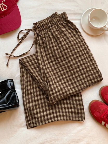 Comfortcana Women's Casual Plaid Drawstring Waist Pants, Summer Checkered Trousers For Picnic, Daily Wear, Country Style, Spring/Summer, Carnival Costume