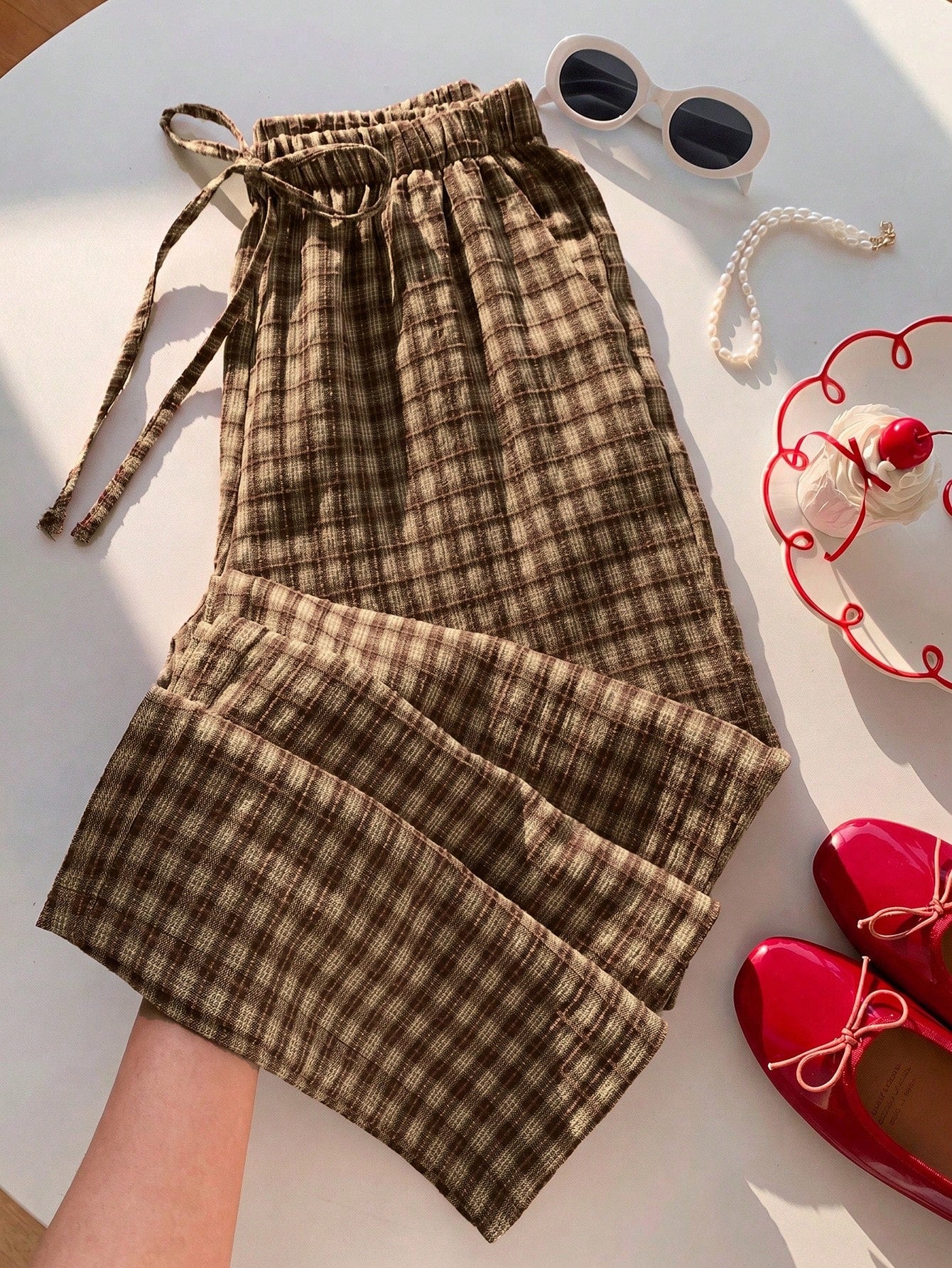 Comfortcana Women's Casual Plaid Drawstring Waist Pants, Summer Checkered Trousers For Picnic, Daily Wear, Country Style, Spring/Summer, Carnival Costume