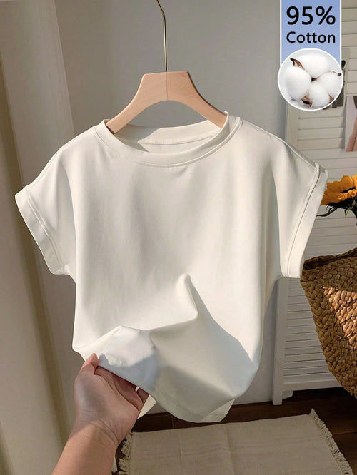 Comfortcana Women's Casual Solid Color Round Neck Short Sleeve T-Shirt,Summer Top