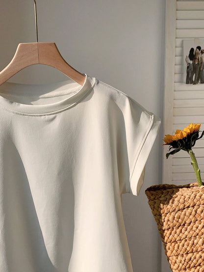 Comfortcana Women's Casual Solid Color Round Neck Short Sleeve T-Shirt,Summer Top