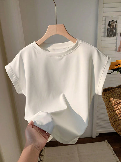 Comfortcana Women's Casual Solid Color Round Neck Short Sleeve T-Shirt,Summer Top