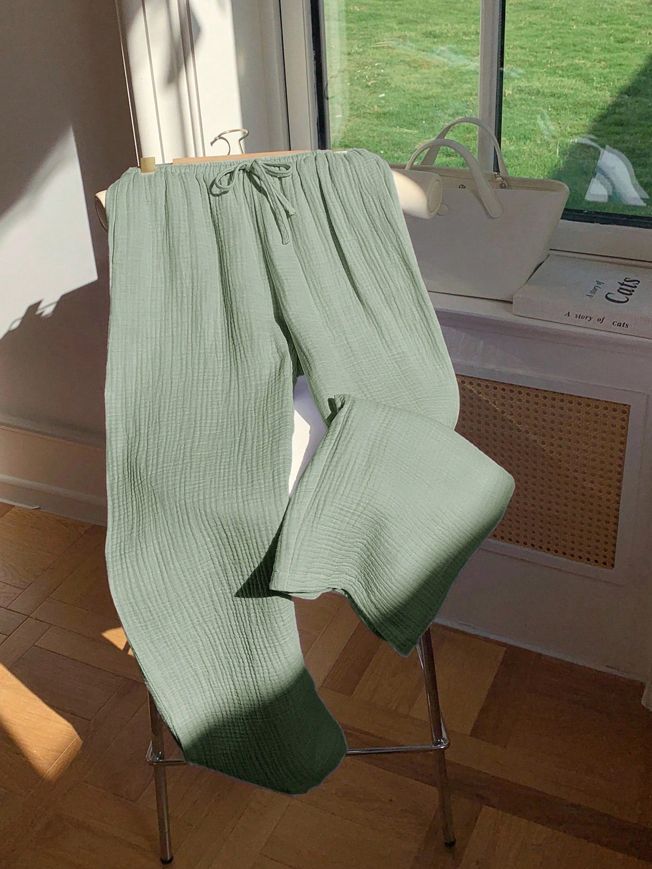 Comfortcana Women's Solid Color Knotted Casual Wide Leg Pants 100% Cotton Pants,Fall