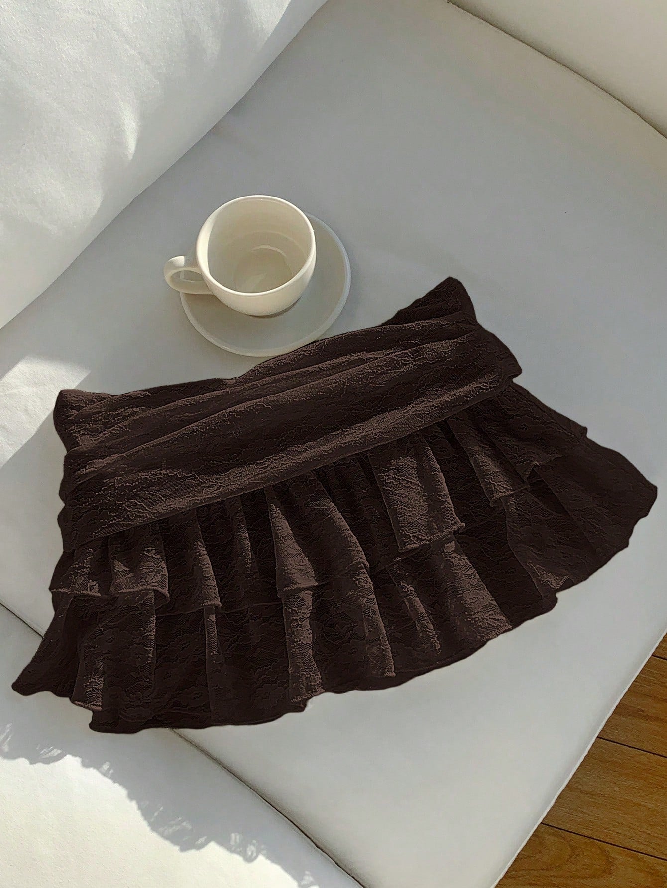 Comfortcana Women's Solid Color Waist Pleated Ruffle Hem Fashion Skirt Date Dark Brown Autumn Cute