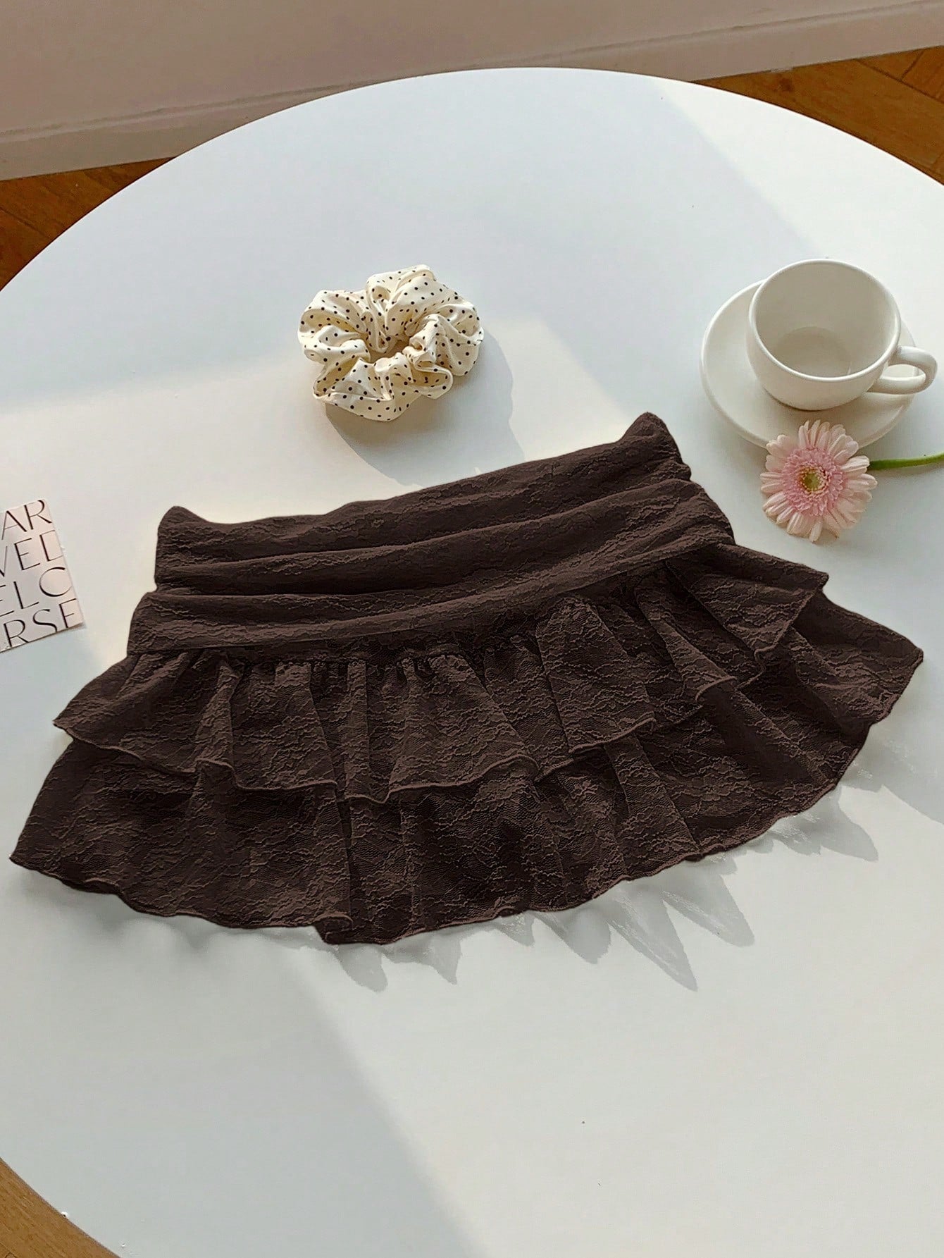 Comfortcana Women's Solid Color Waist Pleated Ruffle Hem Fashion Skirt Date Dark Brown Autumn Cute