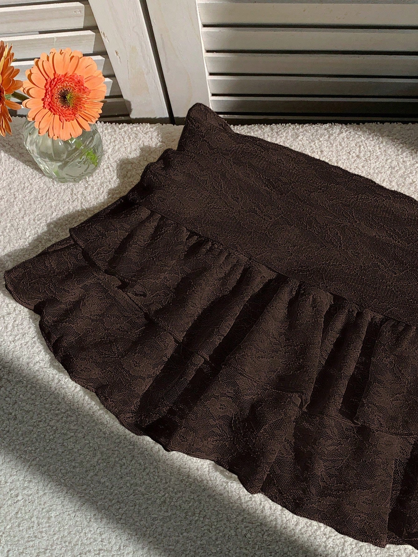 Comfortcana Women's Solid Color Waist Pleated Ruffle Hem Fashion Skirt Date Dark Brown Autumn Cute