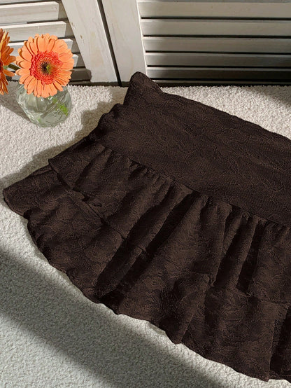 Comfortcana Women's Solid Color Waist Pleated Ruffle Hem Fashion Skirt Date Dark Brown Autumn Cute