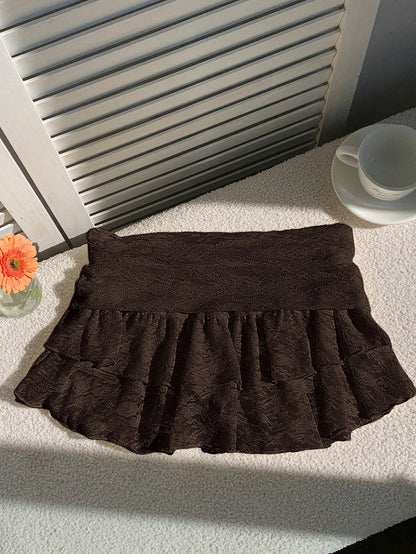 Comfortcana Women's Solid Color Waist Pleated Ruffle Hem Fashion Skirt Date Dark Brown Autumn Cute