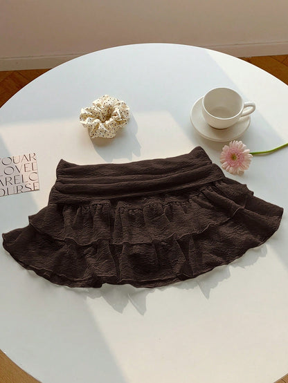 Comfortcana Women's Solid Color Waist Pleated Ruffle Hem Fashion Skirt Date Dark Brown Autumn Cute