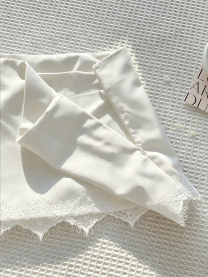 Comfortcana Women's Summer Elegant Solid Color Lace Patchwork Skirt