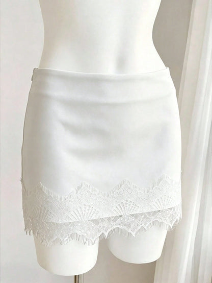 Comfortcana Women's Summer Elegant Solid Color Lace Patchwork Skirt