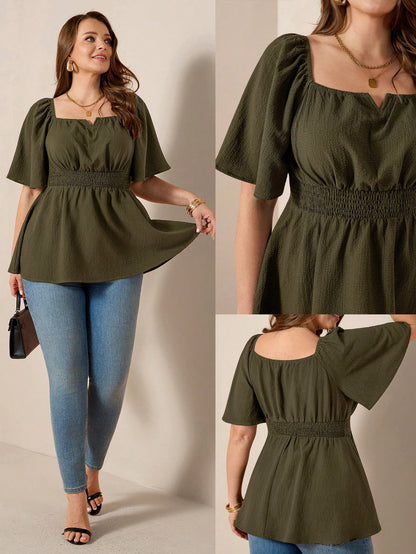 Comfylo Plus Size Women's Olive Green Summer Elegant Blouse,Everyday Work Square Neck Ruffle Short Sleeve Cinched Waist Ruffle Hem Fashionable Solid Color Top