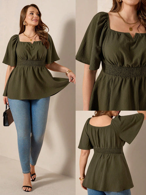 Comfylo Plus Size Women's Olive Green Summer Elegant Blouse,Everyday Work Square Neck Ruffle Short Sleeve Cinched Waist Ruffle Hem Fashionable Solid Color Top