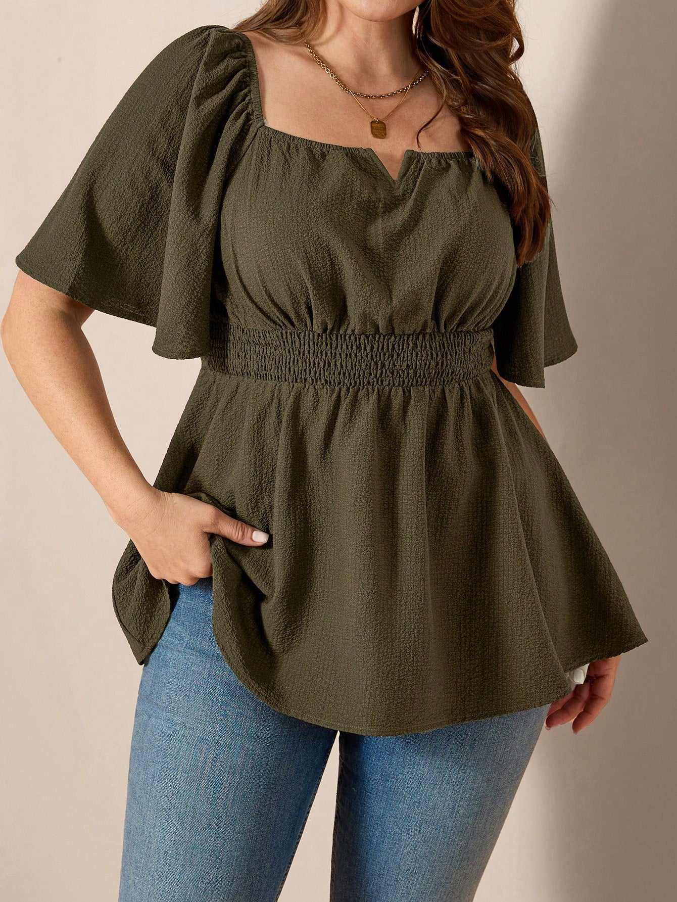 Comfylo Plus Size Women's Olive Green Summer Elegant Blouse,Everyday Work Square Neck Ruffle Short Sleeve Cinched Waist Ruffle Hem Fashionable Solid Color Top