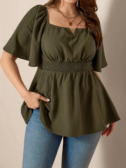 Comfylo Plus Size Women's Olive Green Summer Elegant Blouse,Everyday Work Square Neck Ruffle Short Sleeve Cinched Waist Ruffle Hem Fashionable Solid Color Top