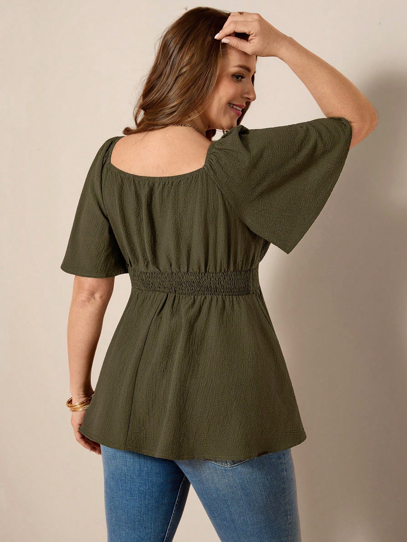 Comfylo Plus Size Women's Olive Green Summer Elegant Blouse,Everyday Work Square Neck Ruffle Short Sleeve Cinched Waist Ruffle Hem Fashionable Solid Color Top