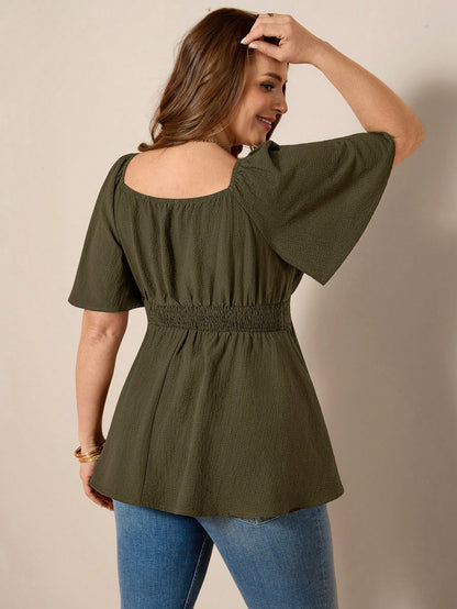Comfylo Plus Size Women's Olive Green Summer Elegant Blouse,Everyday Work Square Neck Ruffle Short Sleeve Cinched Waist Ruffle Hem Fashionable Solid Color Top
