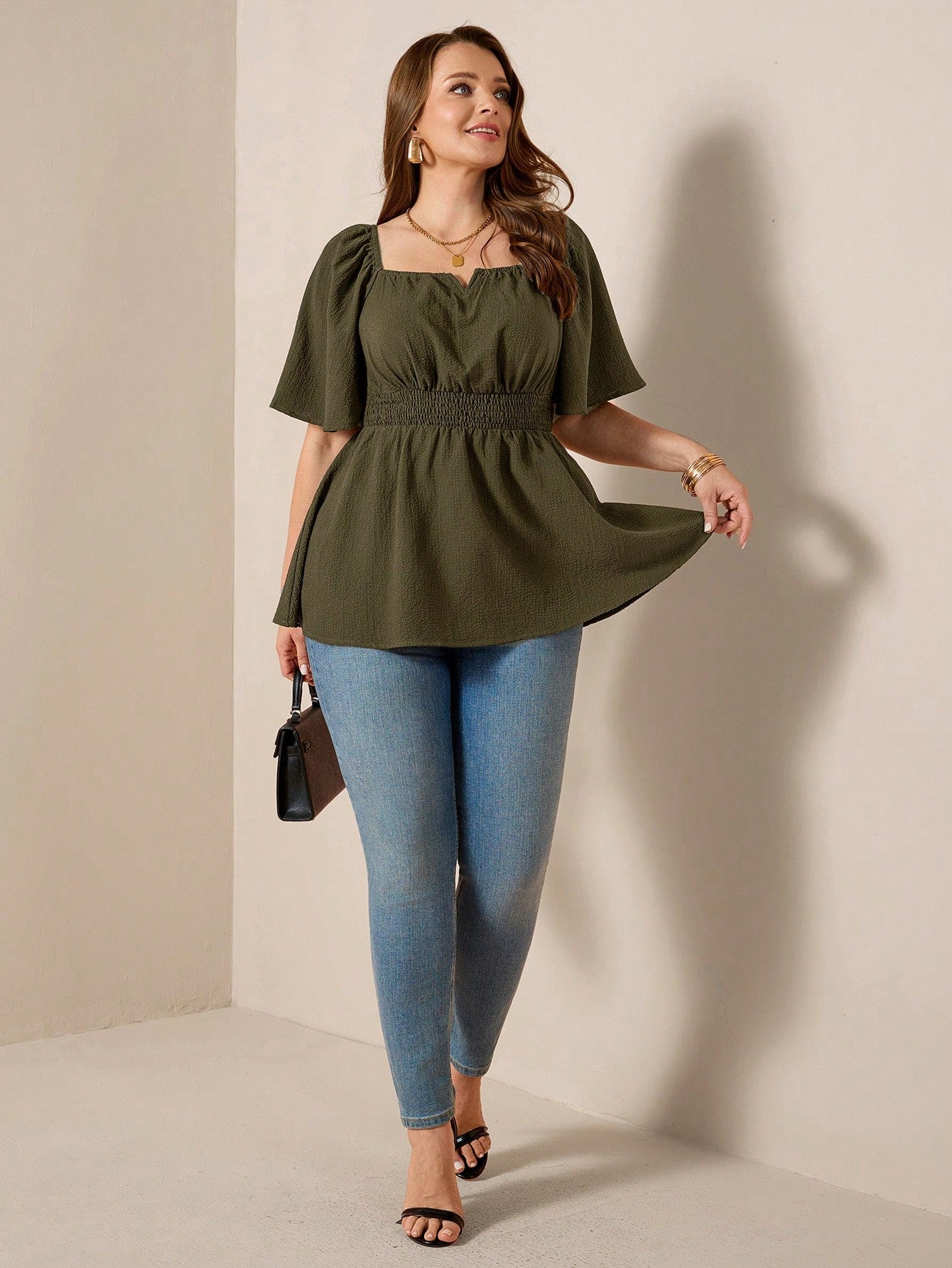 Comfylo Plus Size Women's Olive Green Summer Elegant Blouse,Everyday Work Square Neck Ruffle Short Sleeve Cinched Waist Ruffle Hem Fashionable Solid Color Top