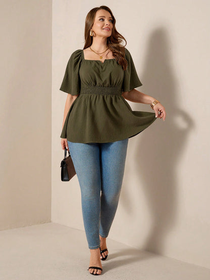 Comfylo Plus Size Women's Olive Green Summer Elegant Blouse,Everyday Work Square Neck Ruffle Short Sleeve Cinched Waist Ruffle Hem Fashionable Solid Color Top