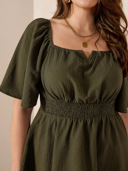 Comfylo Plus Size Women's Olive Green Summer Elegant Blouse,Everyday Work Square Neck Ruffle Short Sleeve Cinched Waist Ruffle Hem Fashionable Solid Color Top