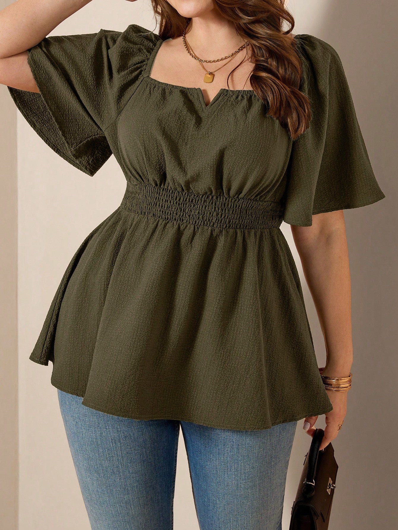 Comfylo Plus Size Women's Olive Green Summer Elegant Blouse,Everyday Work Square Neck Ruffle Short Sleeve Cinched Waist Ruffle Hem Fashionable Solid Color Top
