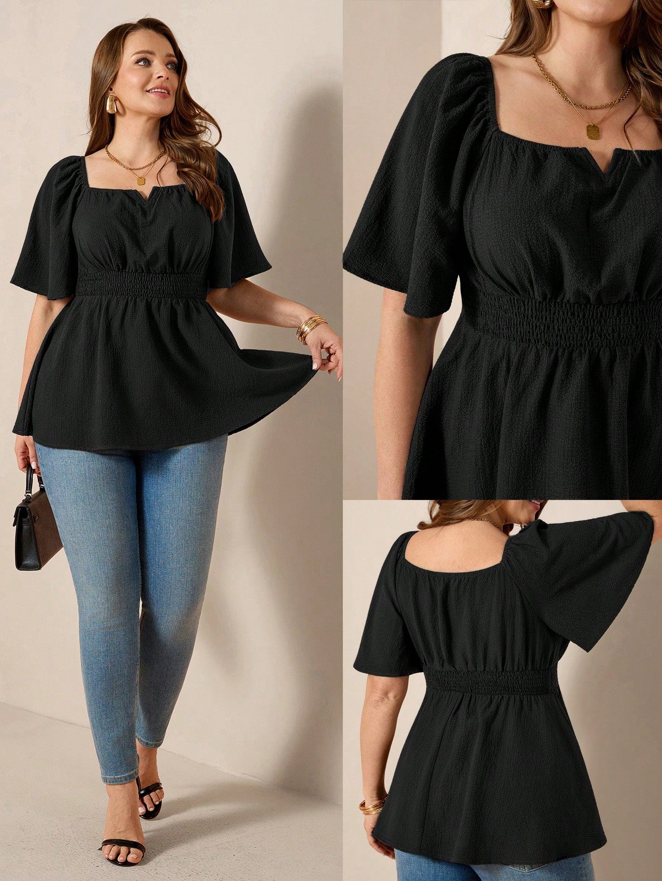 Comfylo Plus Size Women's Olive Green Summer Elegant Blouse,Everyday Work Square Neck Ruffle Short Sleeve Cinched Waist Ruffle Hem Fashionable Solid Color Top