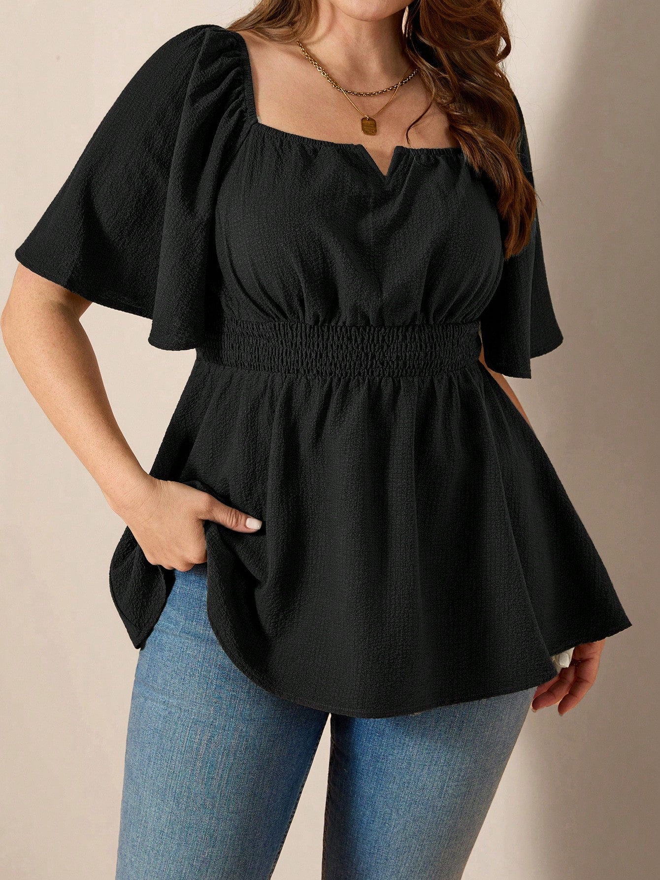 Comfylo Plus Size Women's Olive Green Summer Elegant Blouse,Everyday Work Square Neck Ruffle Short Sleeve Cinched Waist Ruffle Hem Fashionable Solid Color Top