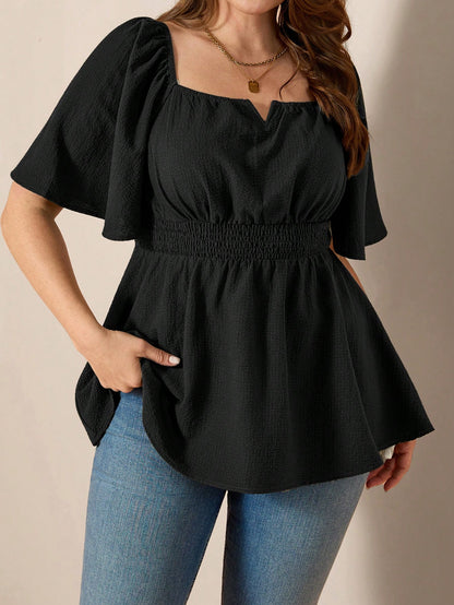 Comfylo Plus Size Women's Olive Green Summer Elegant Blouse,Everyday Work Square Neck Ruffle Short Sleeve Cinched Waist Ruffle Hem Fashionable Solid Color Top