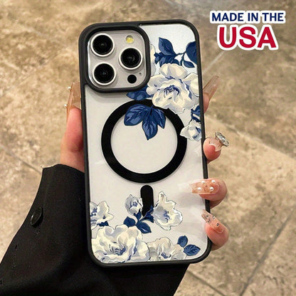 Compatible With IPhone 16 Pro Max 15 Plus 14 13 12 11 XS Max X Night White Rose Pattern Durable Magnetic Grip Shockproof Anti-Scratch PC Protective Cellphone Case Gift