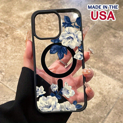 Compatible With IPhone 16 Pro Max 15 Plus 14 13 12 11 XS Max X Night White Rose Pattern Durable Magnetic Grip Shockproof Anti-Scratch PC Protective Cellphone Case Gift