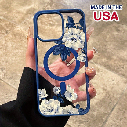 Compatible With IPhone 16 Pro Max 15 Plus 14 13 12 11 XS Max X Night White Rose Pattern Durable Magnetic Grip Shockproof Anti-Scratch PC Protective Cellphone Case Gift