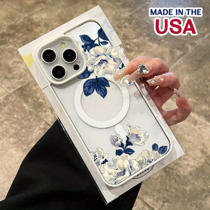 Compatible With IPhone 16 Pro Max 15 Plus 14 13 12 11 XS Max X Night White Rose Pattern Durable Magnetic Grip Shockproof Anti-Scratch PC Protective Cellphone Case Gift