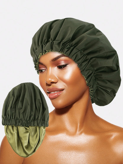 CONFLASS 1pc Satin Waterproof Shower Cap Hair Care Cap Solid Color Bohemian Style Shower Cap For Daily Use In Spring Summer Autumn Winter