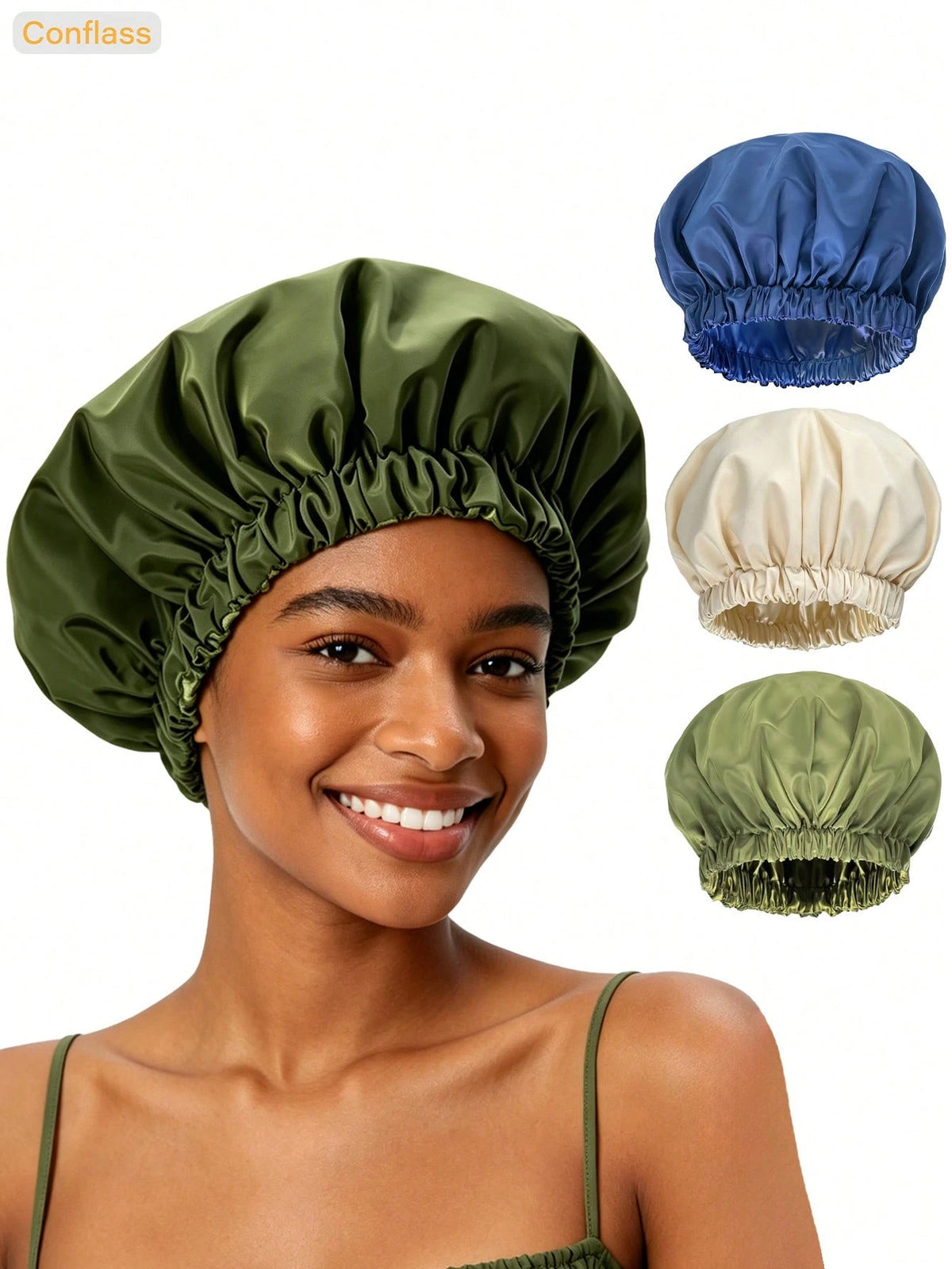 CONFLASS 1pc Satin Waterproof Shower Cap Hair Care Cap Solid Color Bohemian Style Shower Cap For Daily Use In Spring Summer Autumn Winter