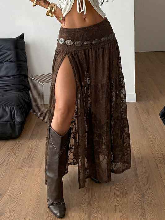 Coolane Women's Lace Side Slit Maxi Skirt,All Brown Renaissance Fair Western Vacation Summer Boho Beach Concert Rave Festival Y2K Texture Fabric